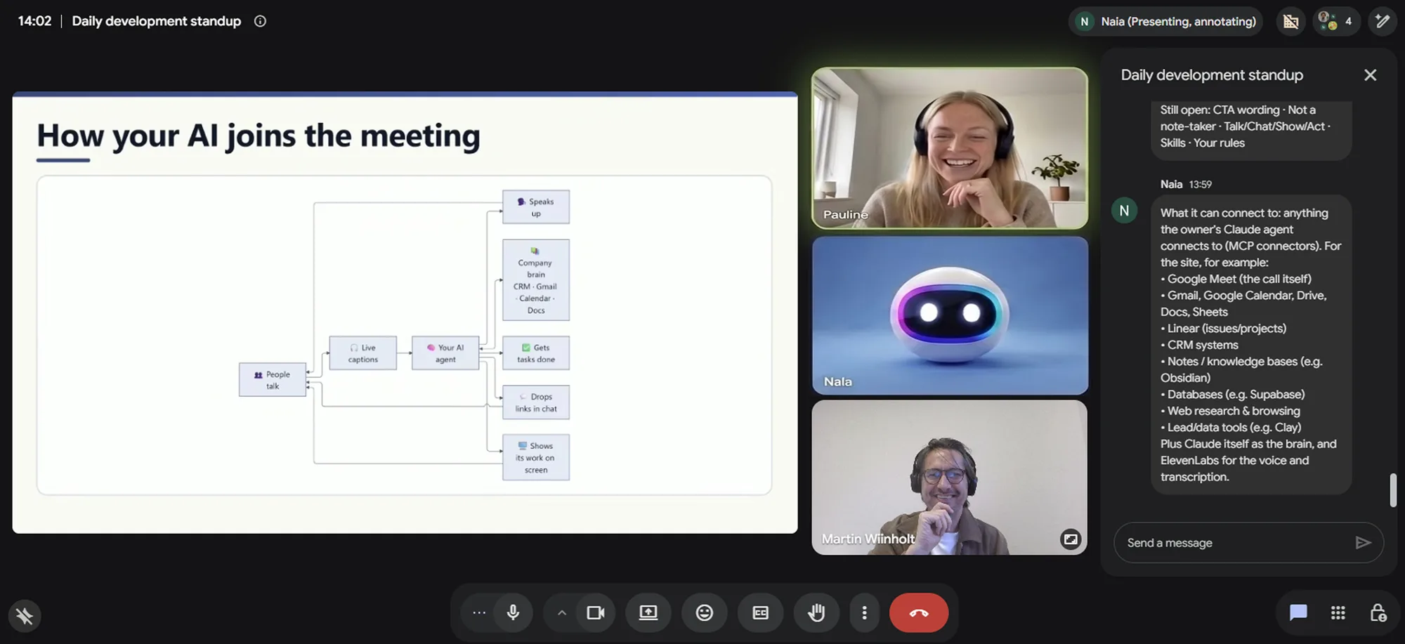 An Ingenious Plus AI agent joined a Google Meet standup, presenting a diagram and answering in chat