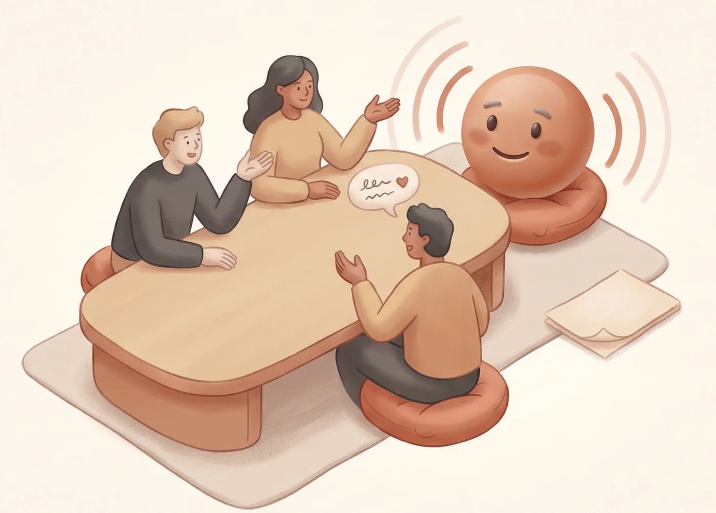 Illustration of three colleagues around a table in conversation with a friendly AI sitting beside them