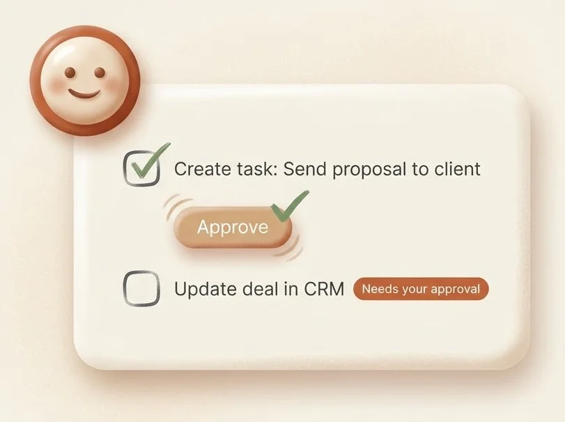 Claude's task list with a finished task, an Approve button and a CRM update waiting for approval